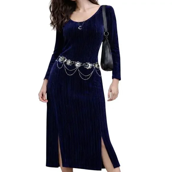 Avon Vintage 90s Navy Blue Ribbed Velvet Dress Witchy Goth Whimsigoth Minimalist - Picture 1 of 7